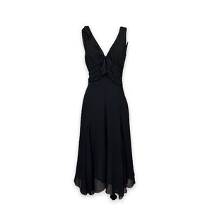 Vintage Sisley Black Chiffon Dress Flowy V Neck Ruffle